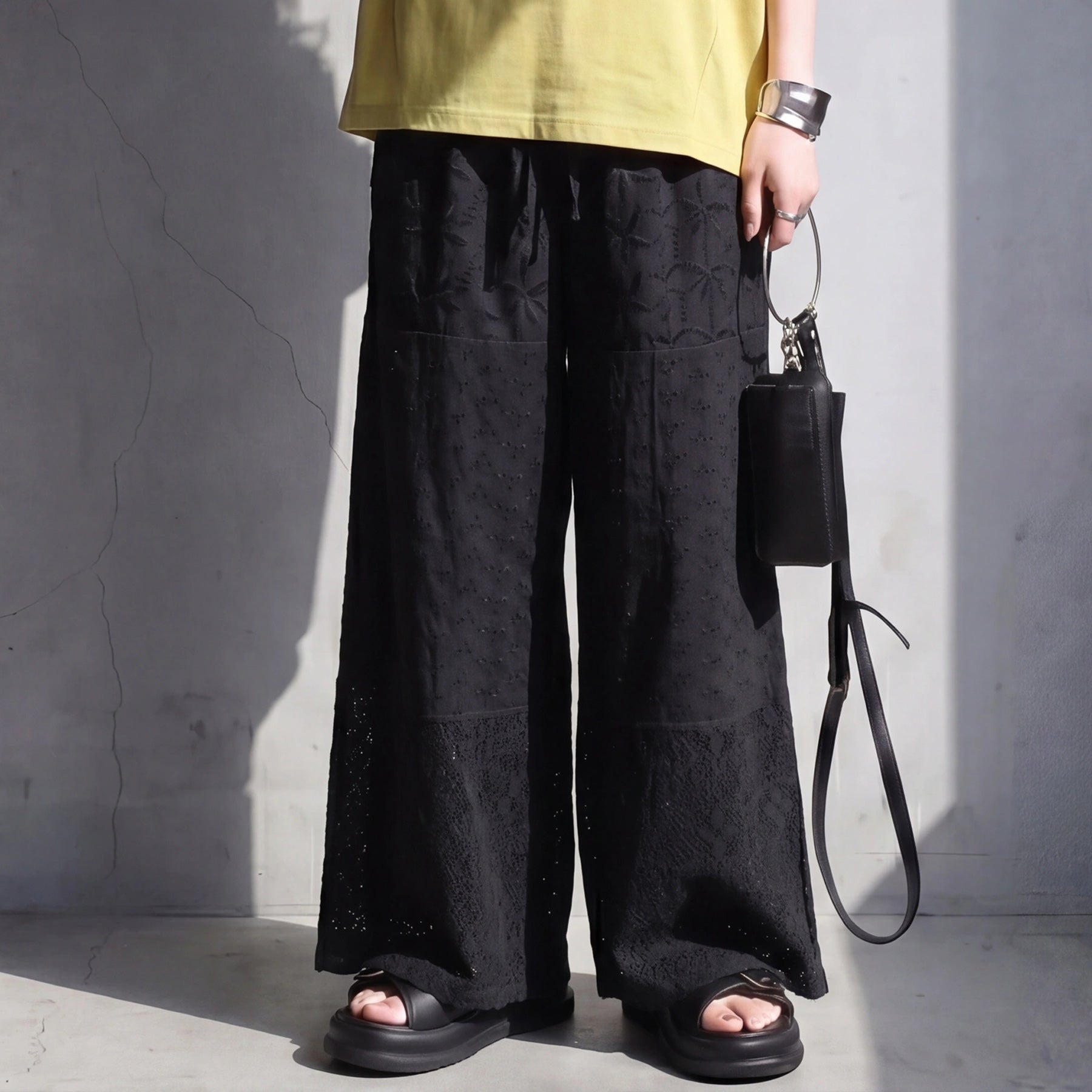 ヴィンテージレース パッチワーク ワイドパンツ ブラック モード ヴィンテージレース パッチワーク ワイドパンツ ブラック モード