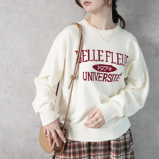 なめらかカレッジロゴジャガードニットプルオーバー