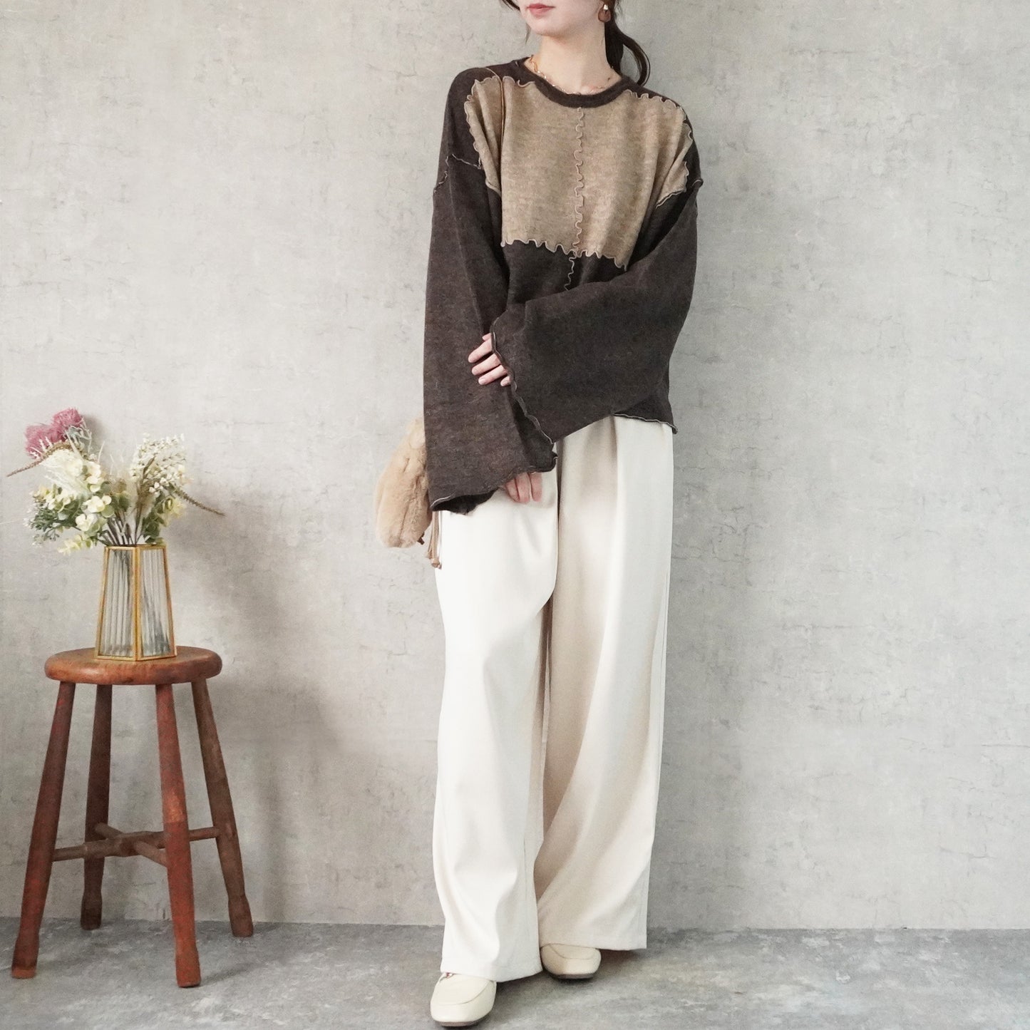 バイカラーメローニットプルオーバー