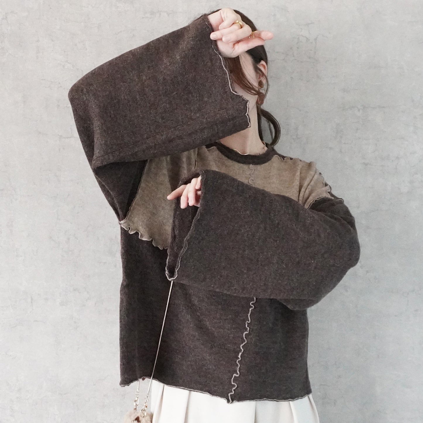 バイカラーメローニットプルオーバー