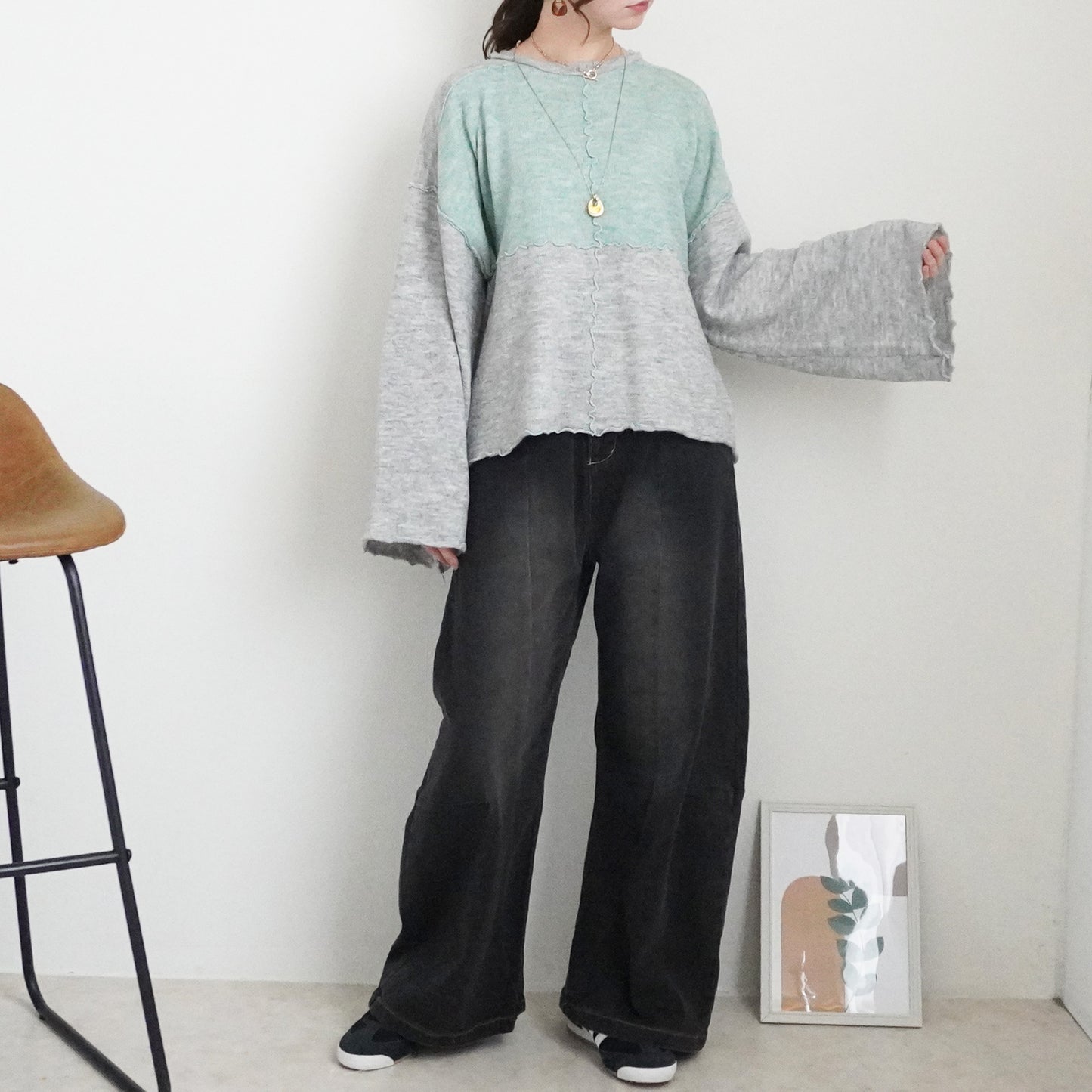 バイカラーメローニットプルオーバー