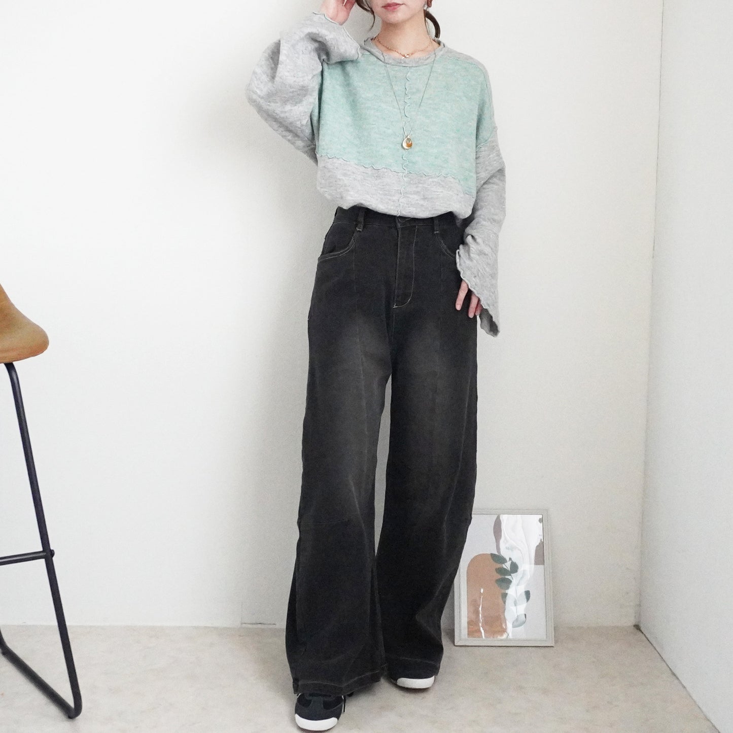 バイカラーメローニットプルオーバー