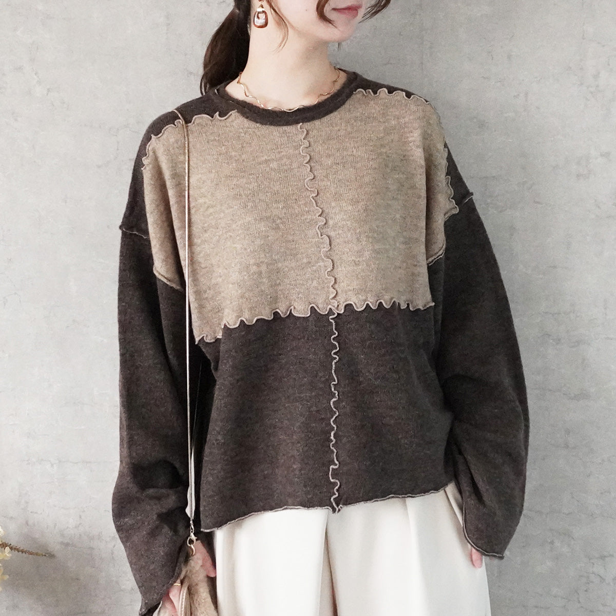 バイカラーメローニットプルオーバー