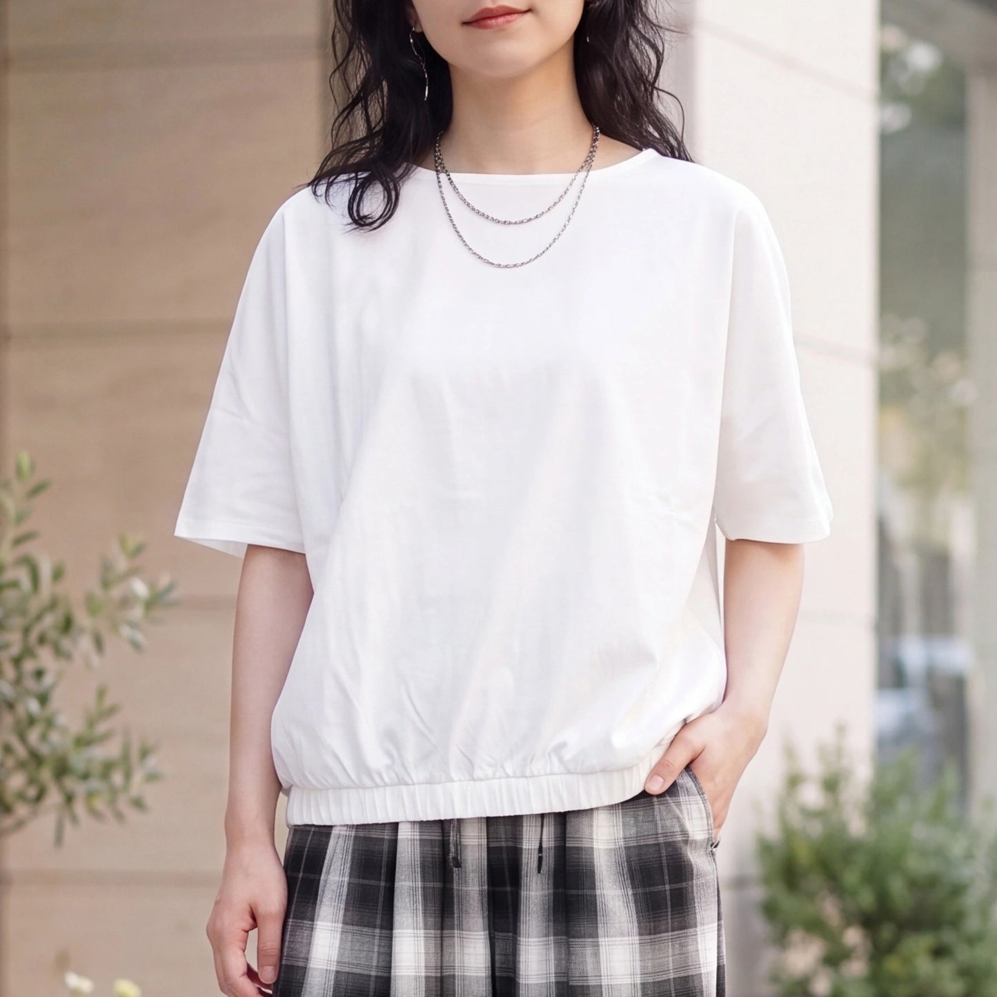 天竺裾ゴム入りドルマンTシャツ