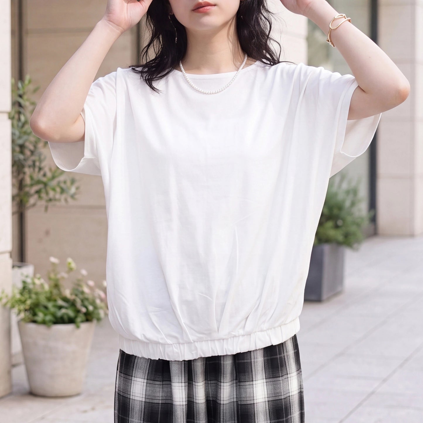 天竺裾ゴム入りドルマンTシャツ