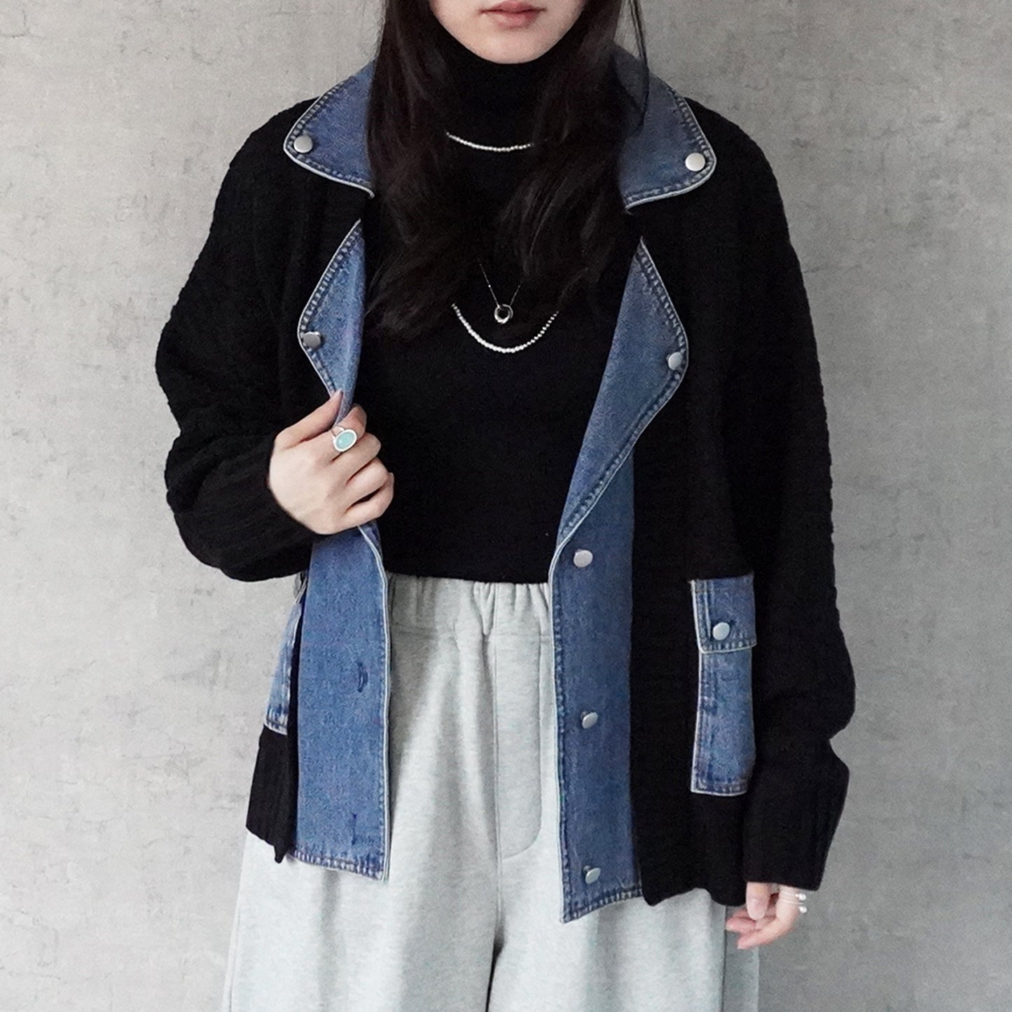 デニム切替ニットジャケット