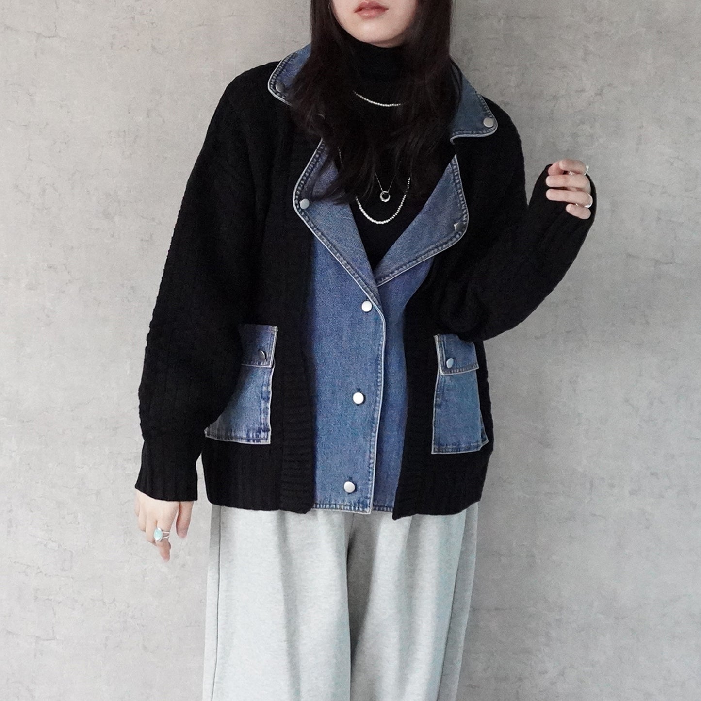 デニム切替ニットジャケット