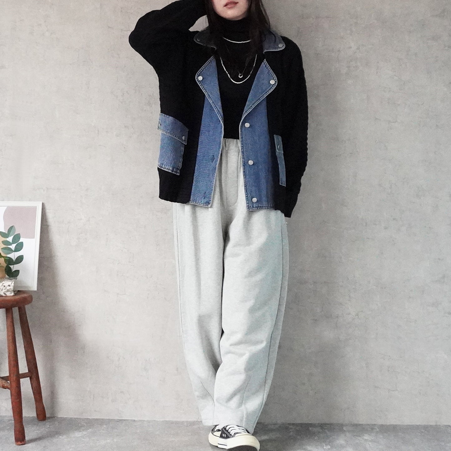 デニム切替ニットジャケット