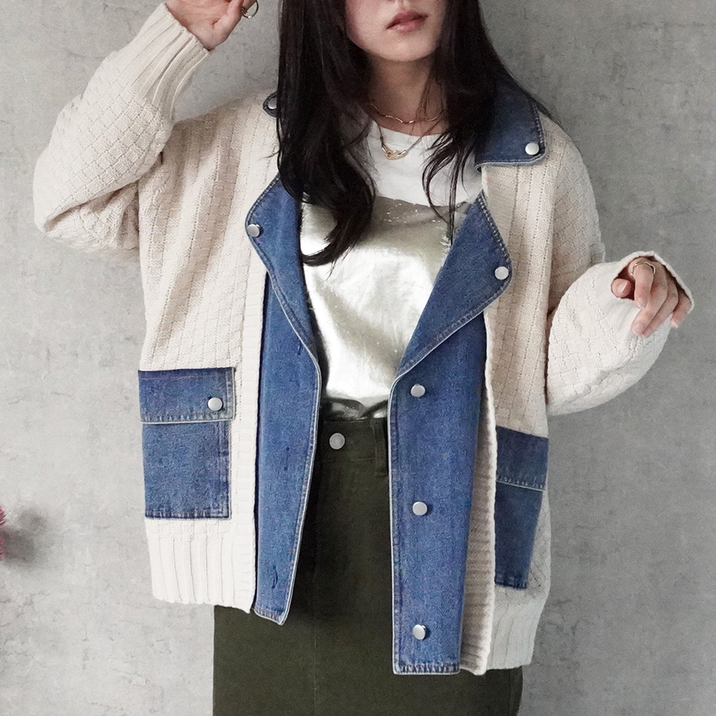 デニム切替ニットジャケット