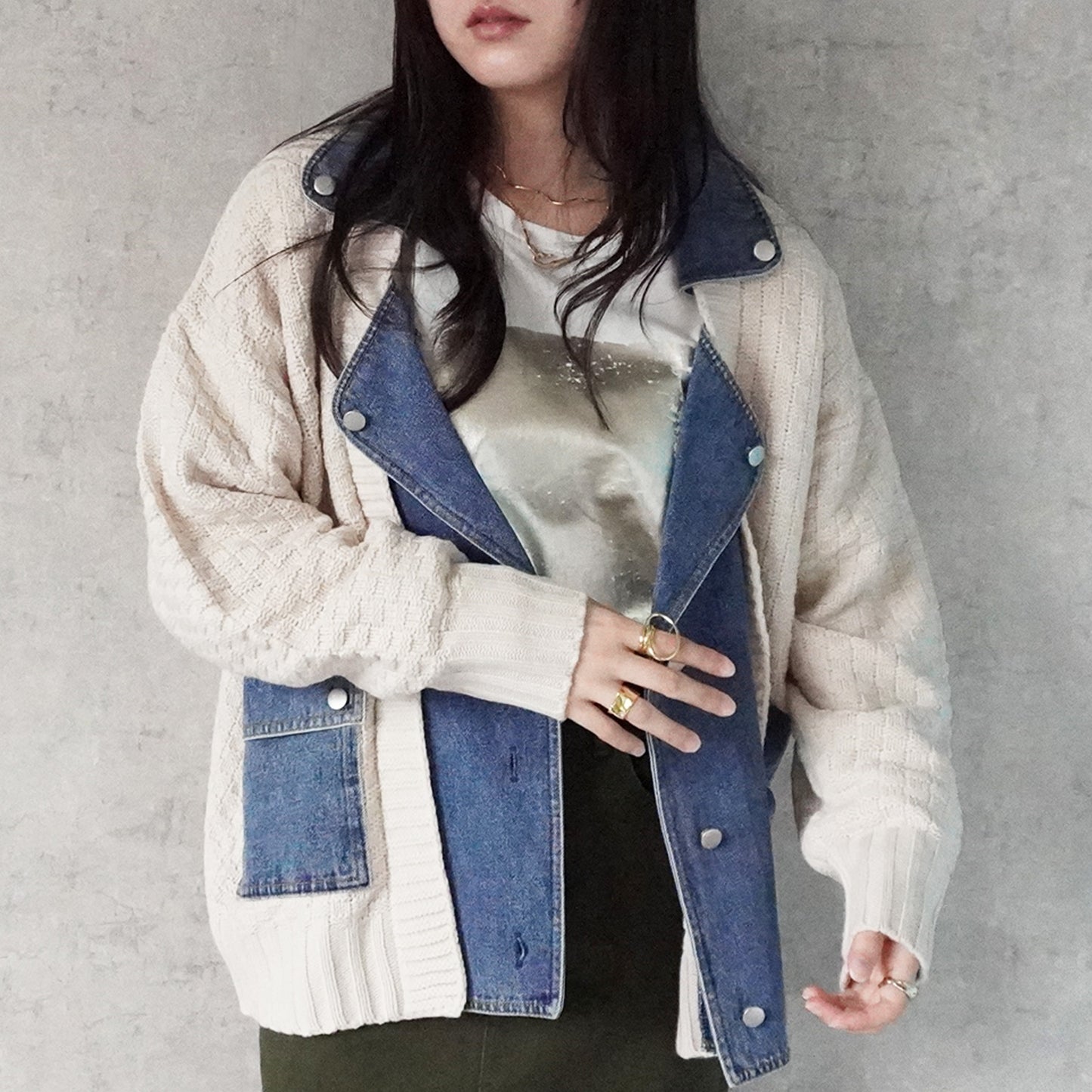 デニム切替ニットジャケット
