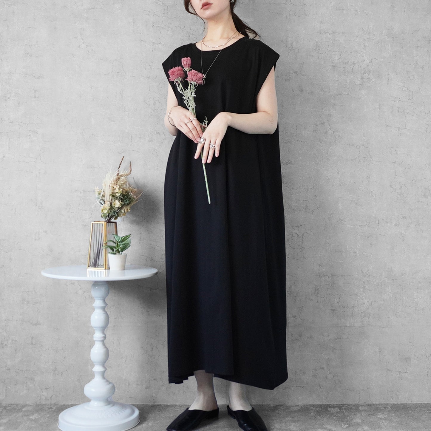 天竺ノースリーブロングワンピース