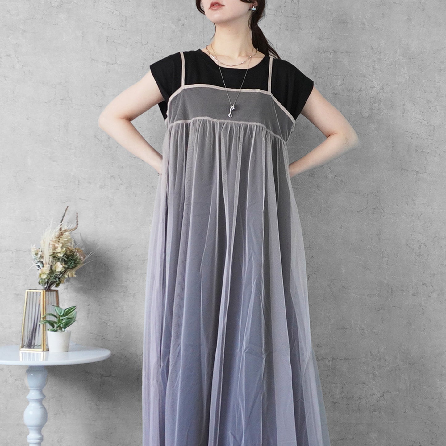 天竺ノースリーブロングワンピース