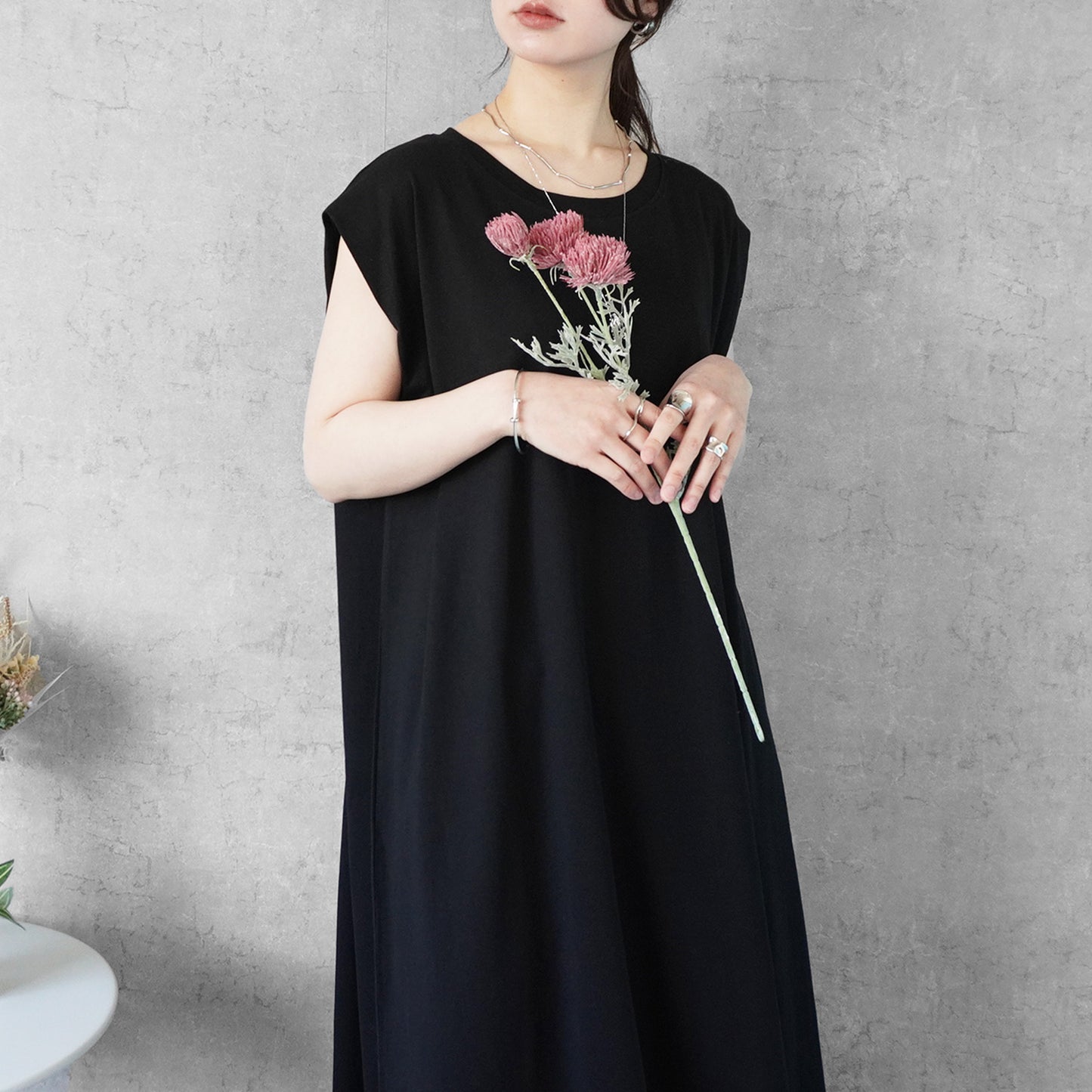 天竺ノースリーブロングワンピース