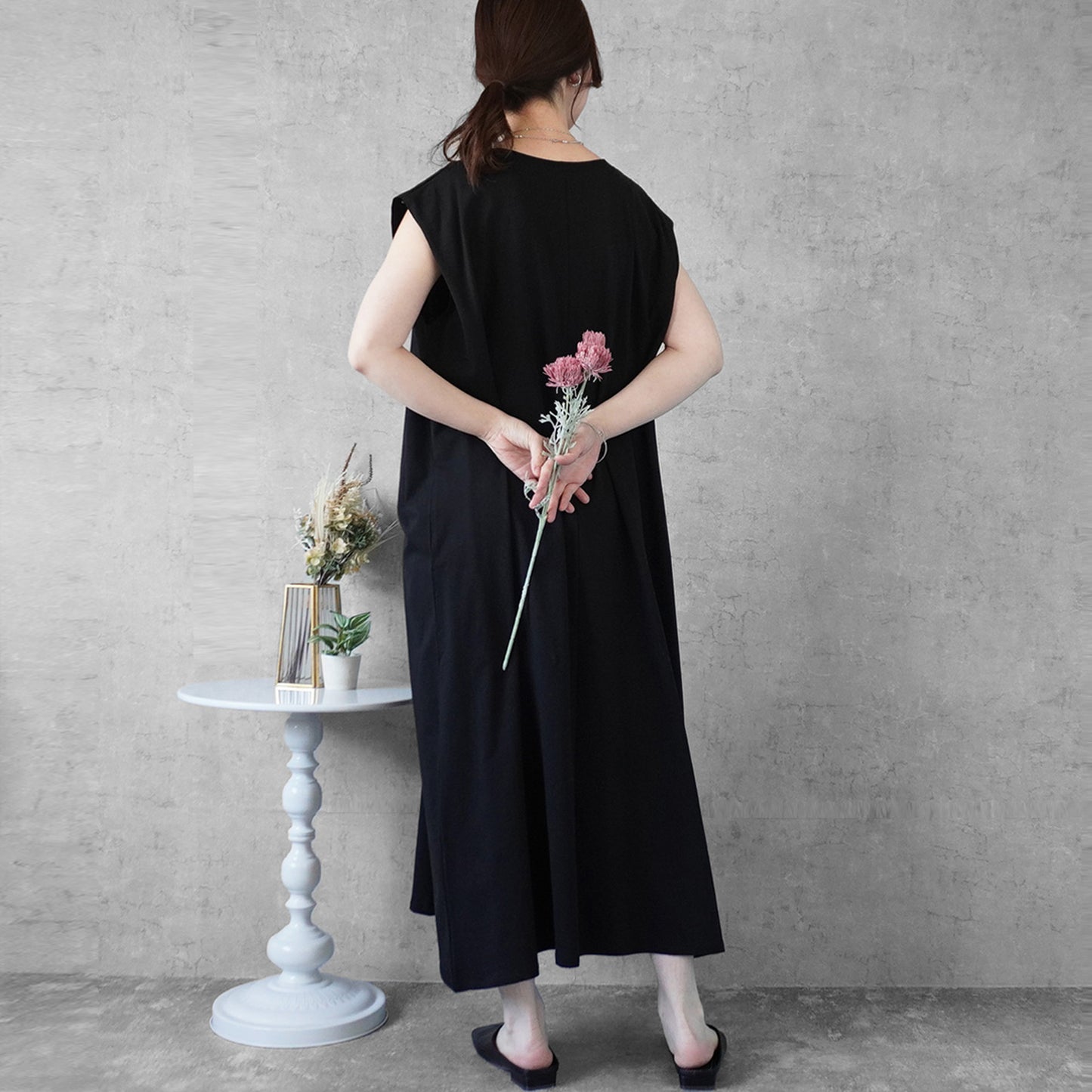 天竺ノースリーブロングワンピース