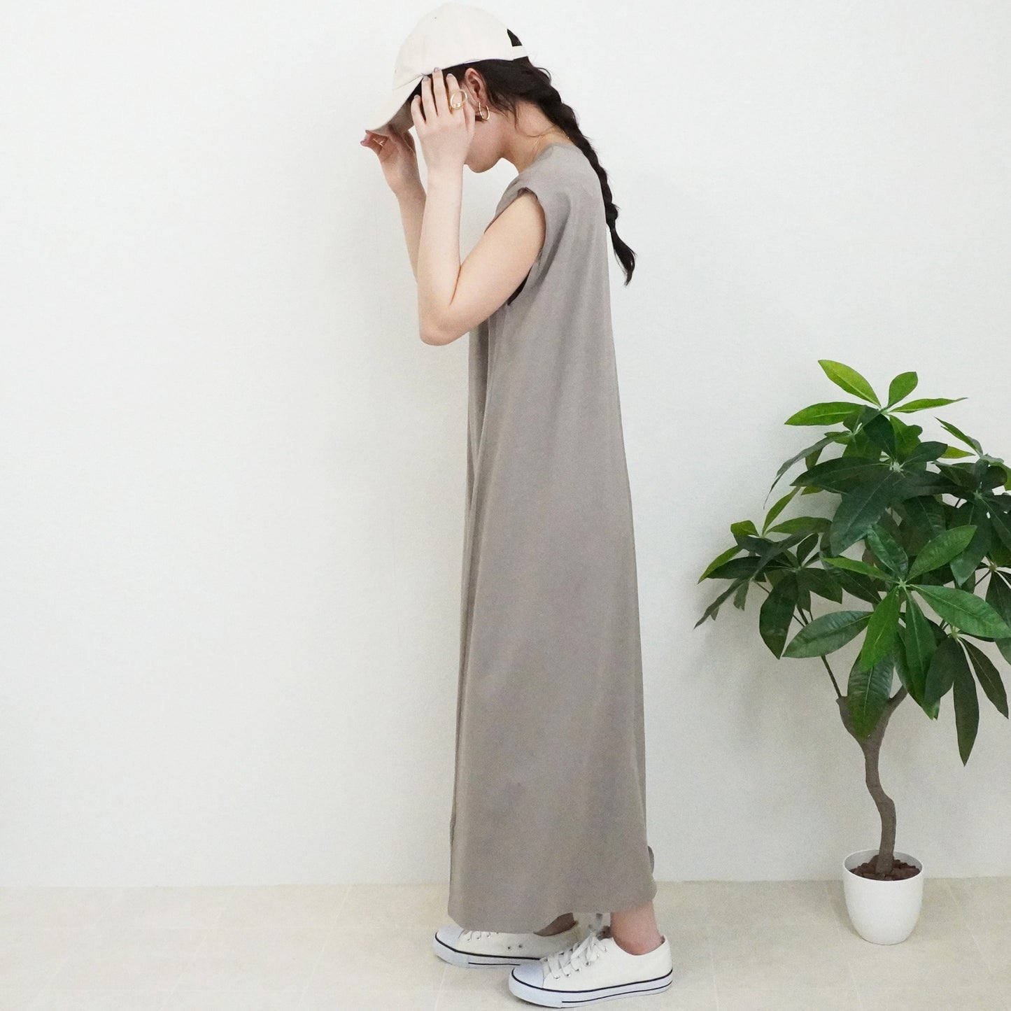 天竺ノースリーブロングワンピース