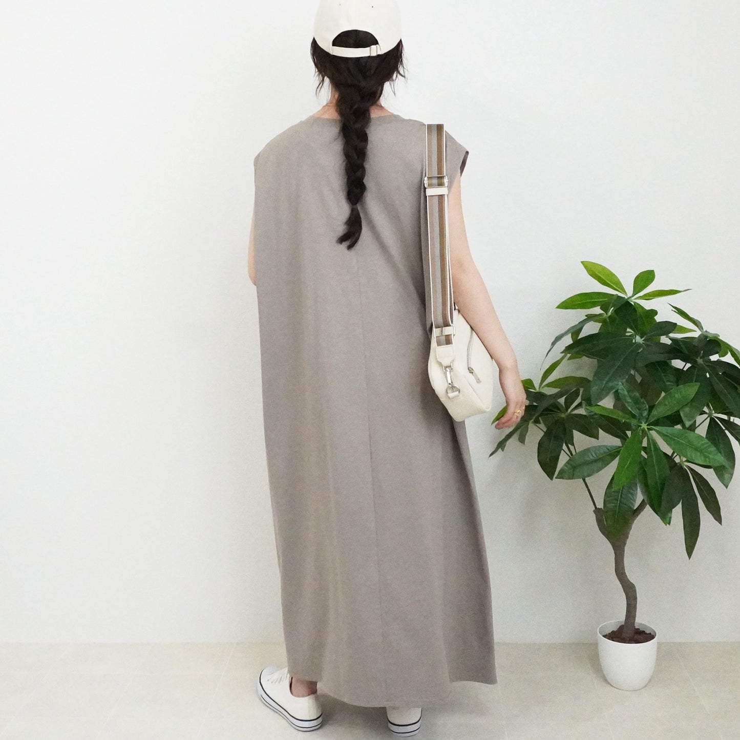 天竺ノースリーブロングワンピース