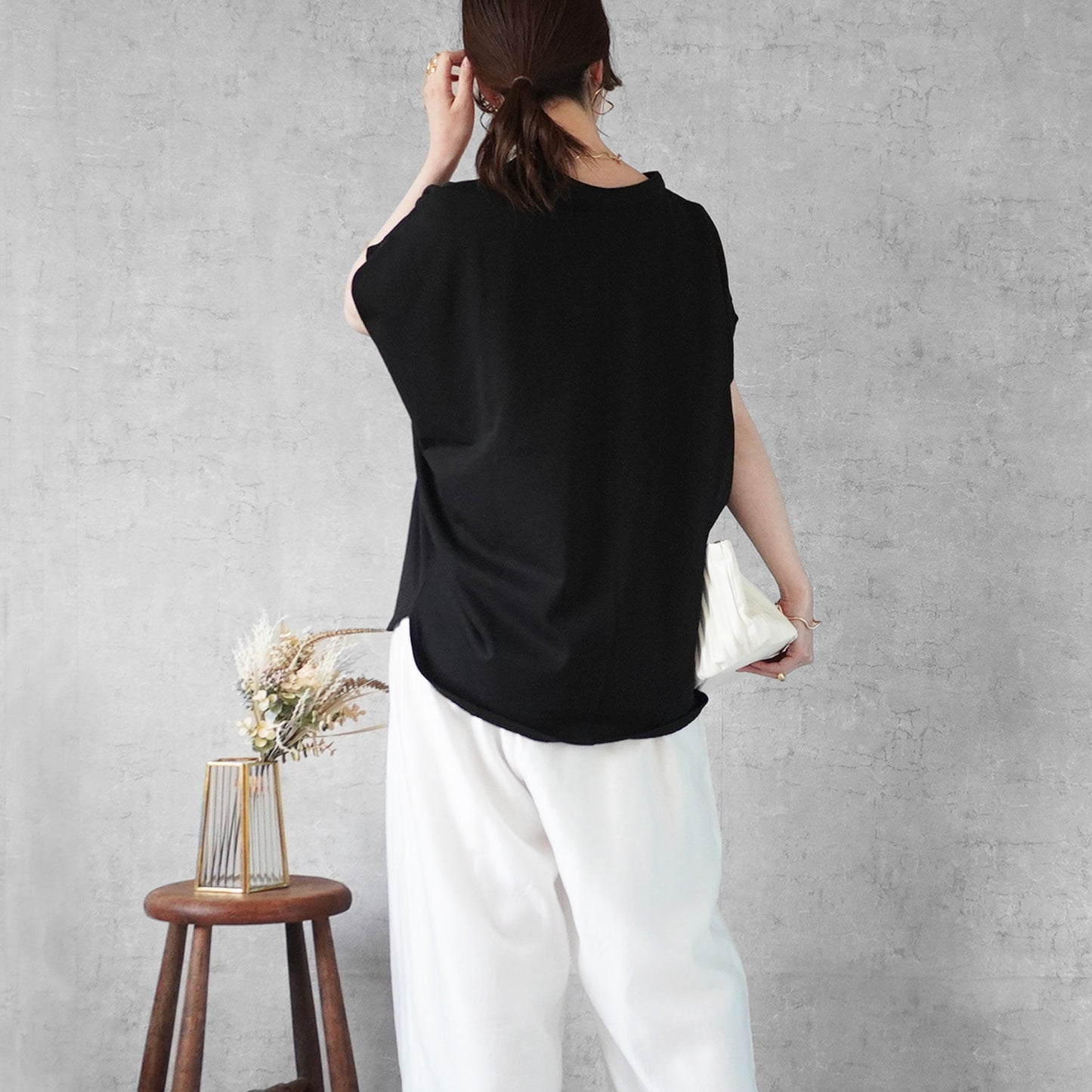 天竺キーネックフレンチスリーブTシャツ