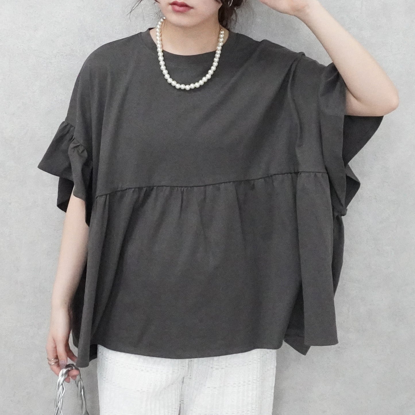 接触冷感天竺ウエストフリル半袖Tシャツ