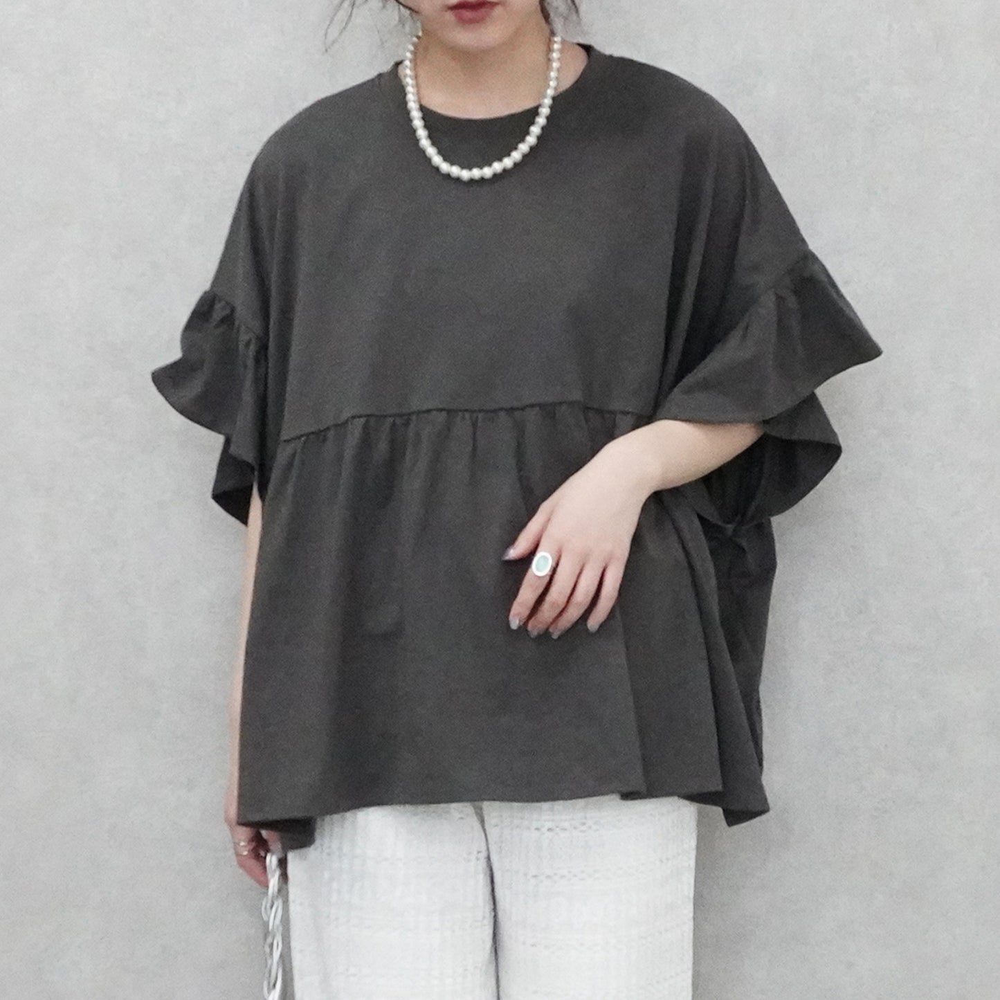 接触冷感天竺ウエストフリル半袖Tシャツ