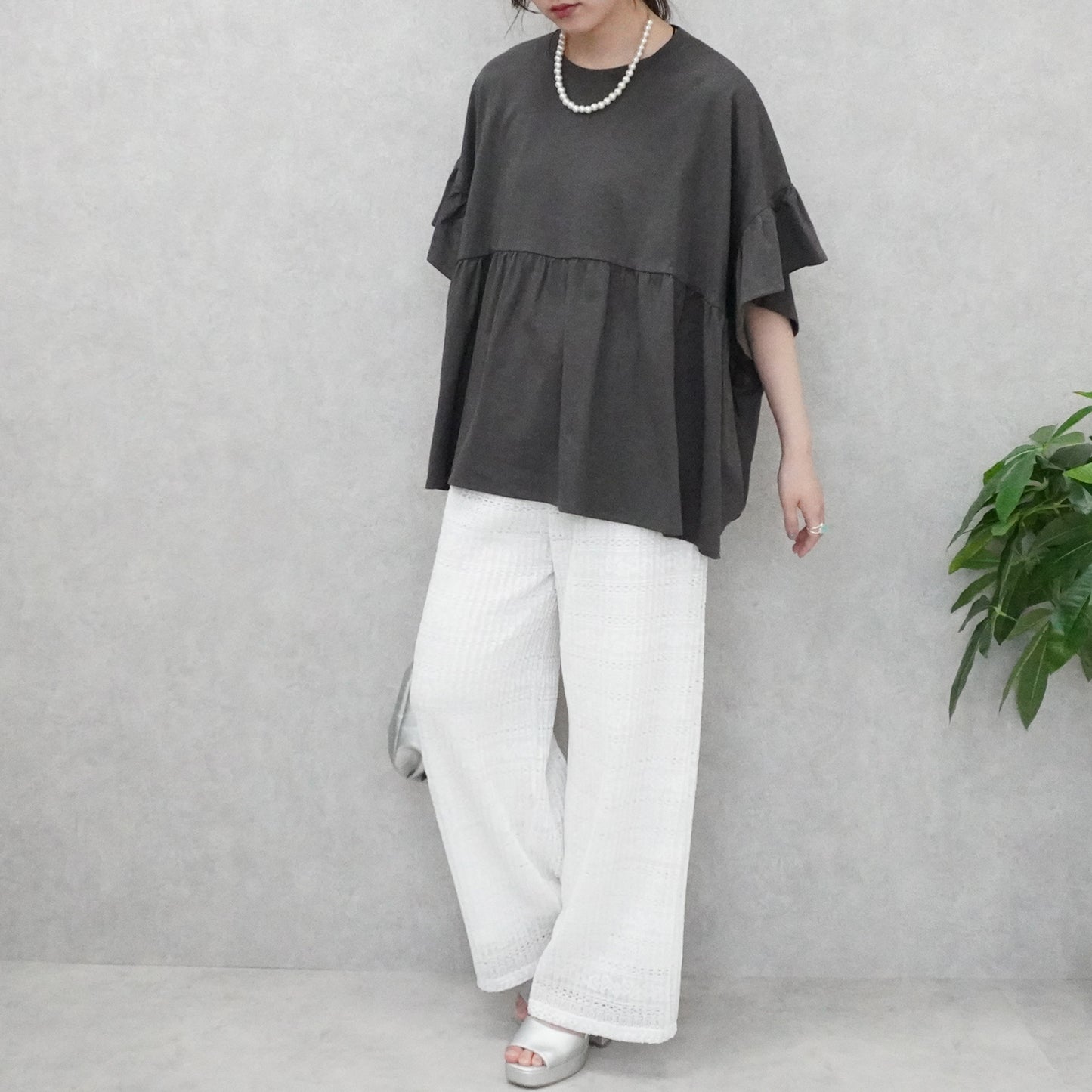 接触冷感天竺ウエストフリル半袖Tシャツ