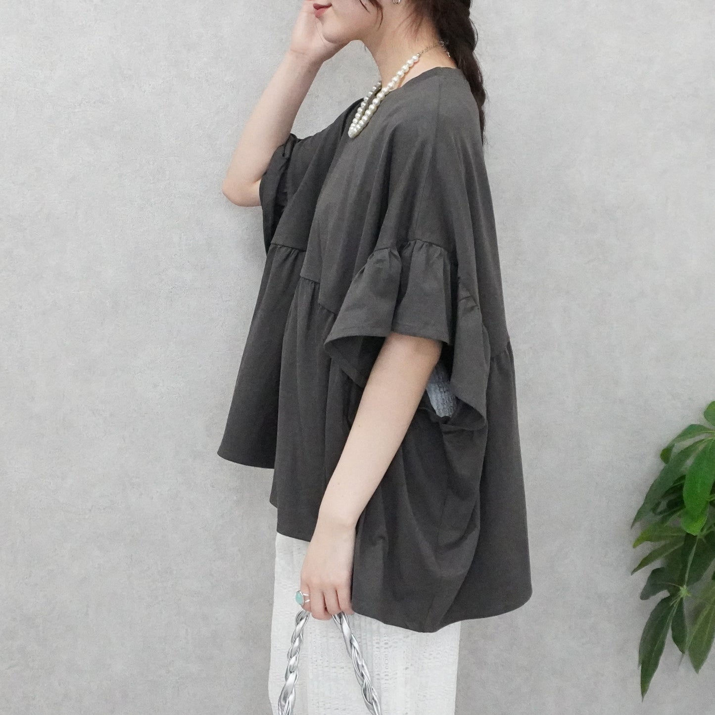 接触冷感天竺ウエストフリル半袖Tシャツ
