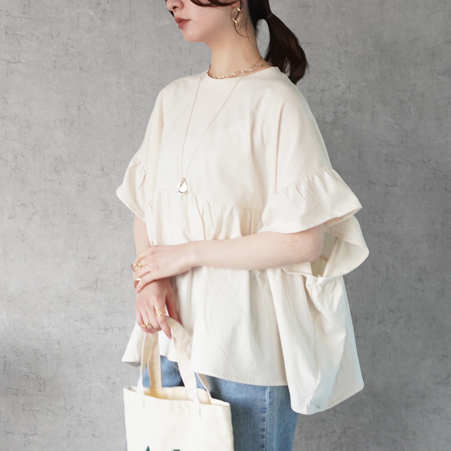 接触冷感天竺ウエストフリル半袖Tシャツ