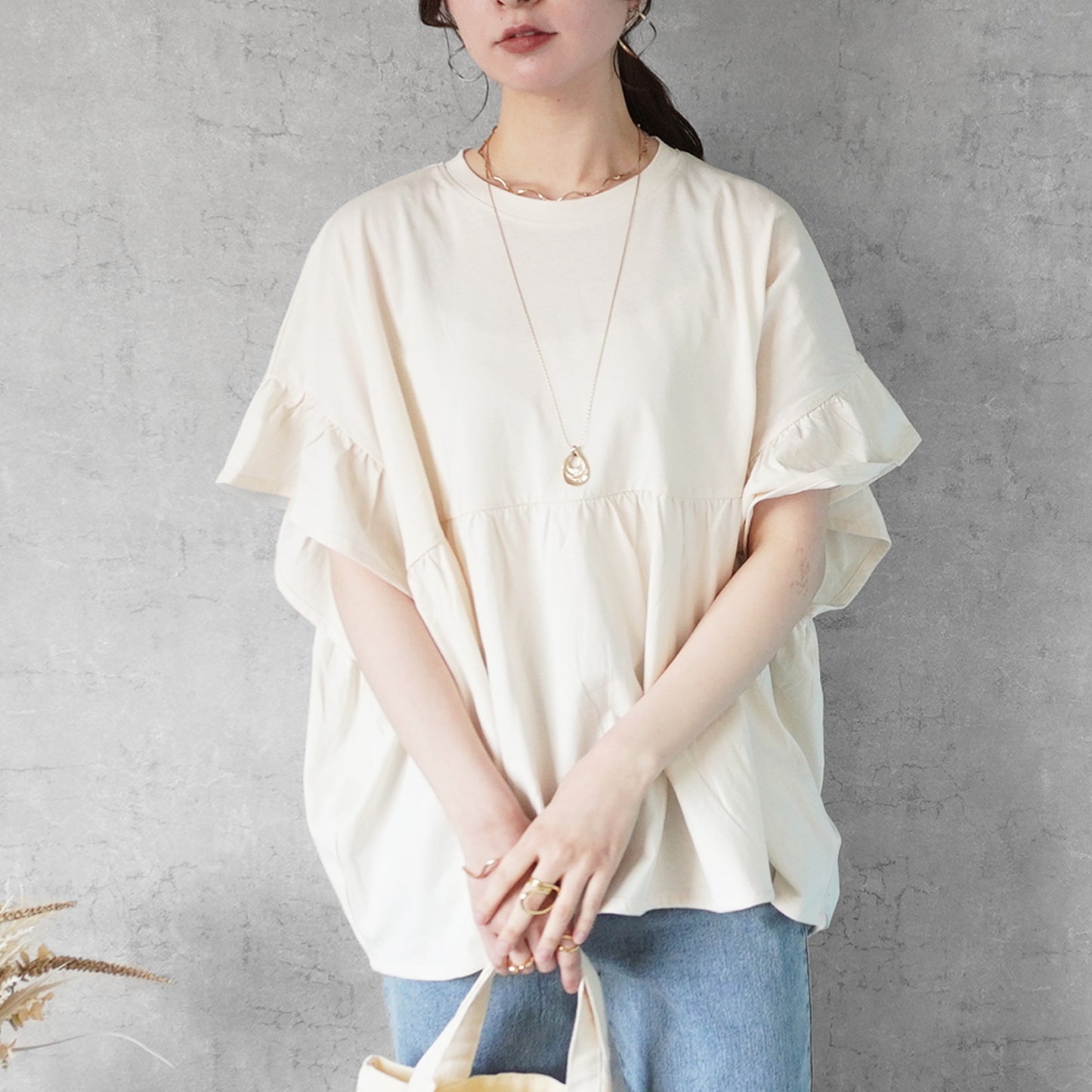 接触冷感天竺ウエストフリル半袖Tシャツ