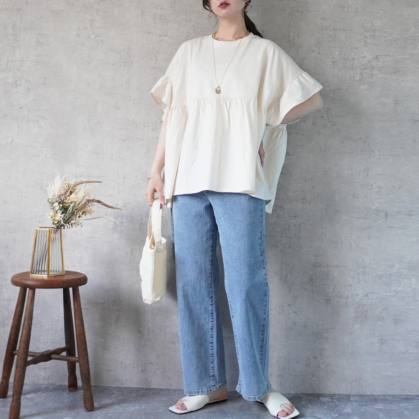 接触冷感天竺ウエストフリル半袖Tシャツ