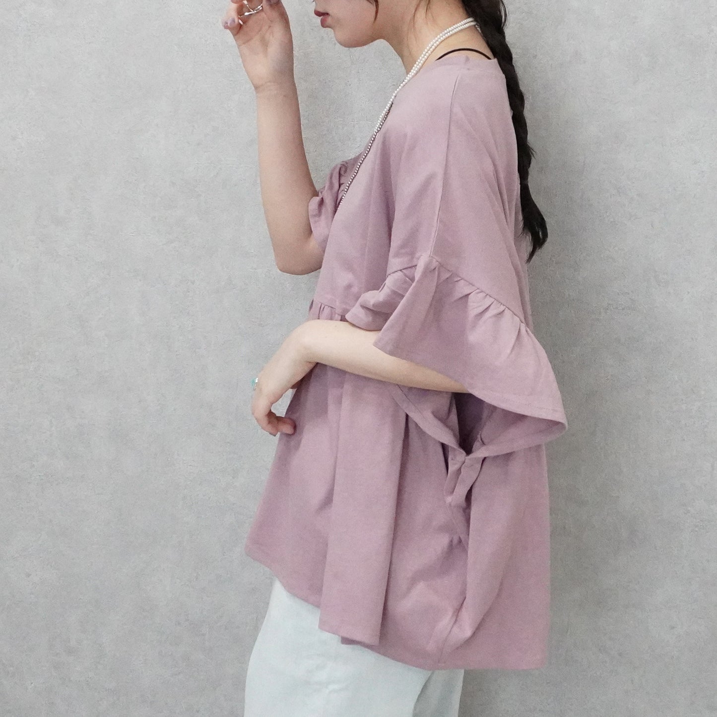 接触冷感天竺ウエストフリル半袖Tシャツ