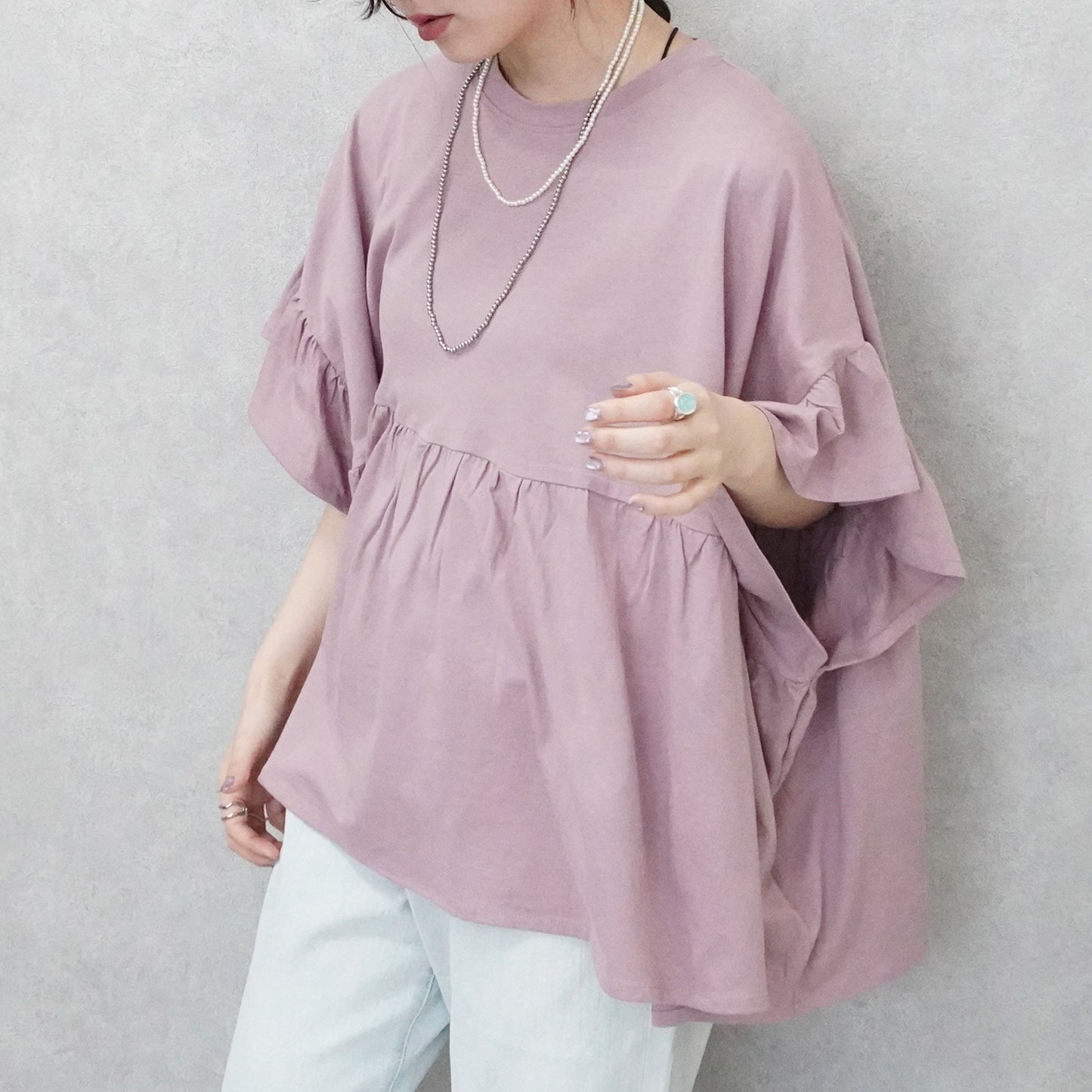 接触冷感天竺ウエストフリル半袖Tシャツ