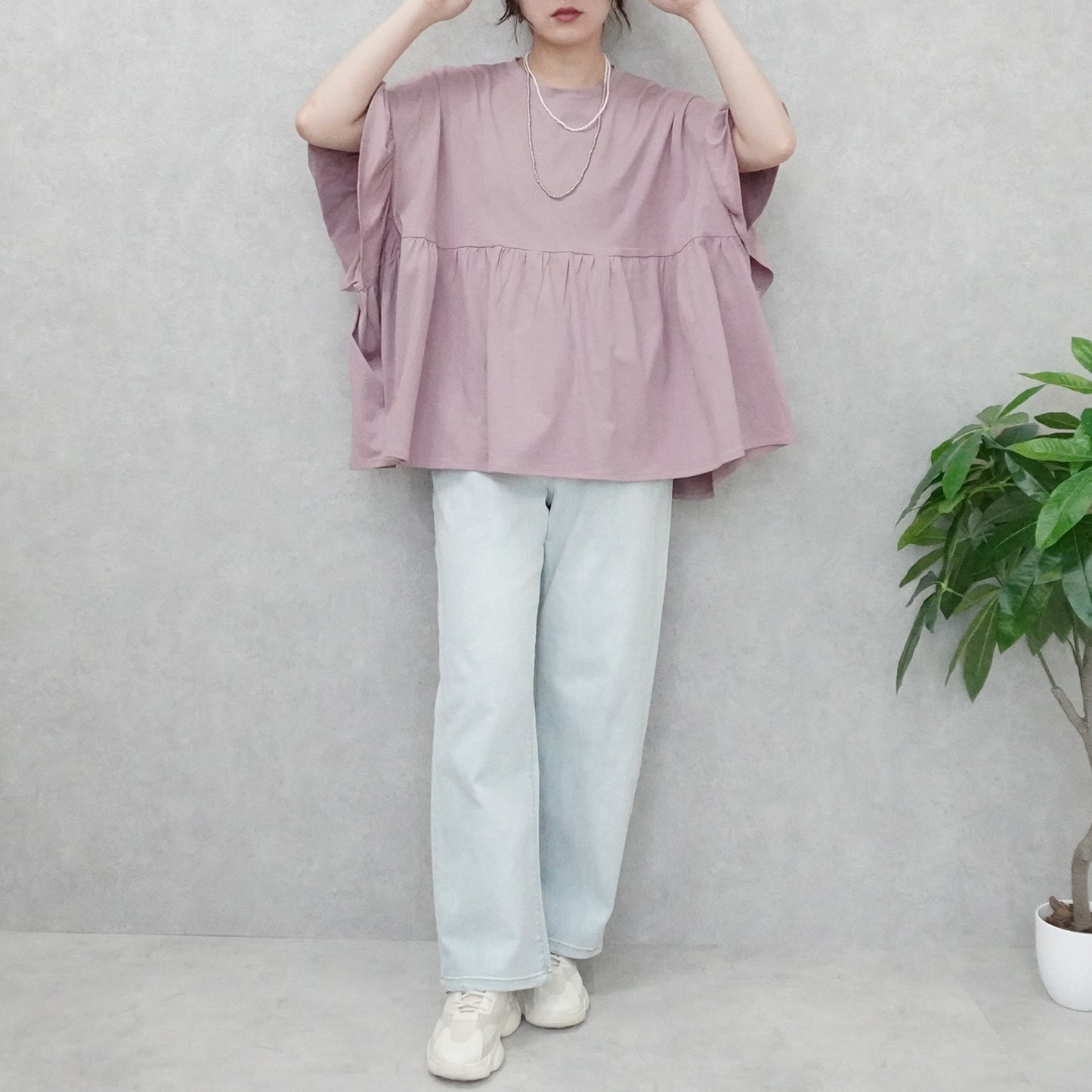 接触冷感天竺ウエストフリル半袖Tシャツ