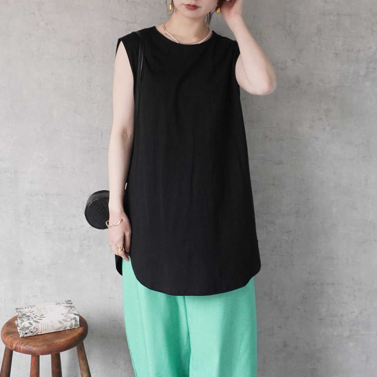 天竺ノースリーブロングTシャツ