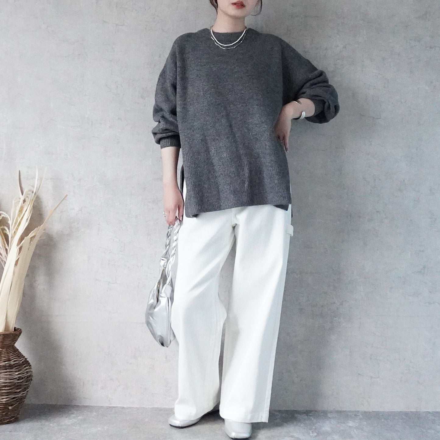 裾リブスリット入り天竺編みニット