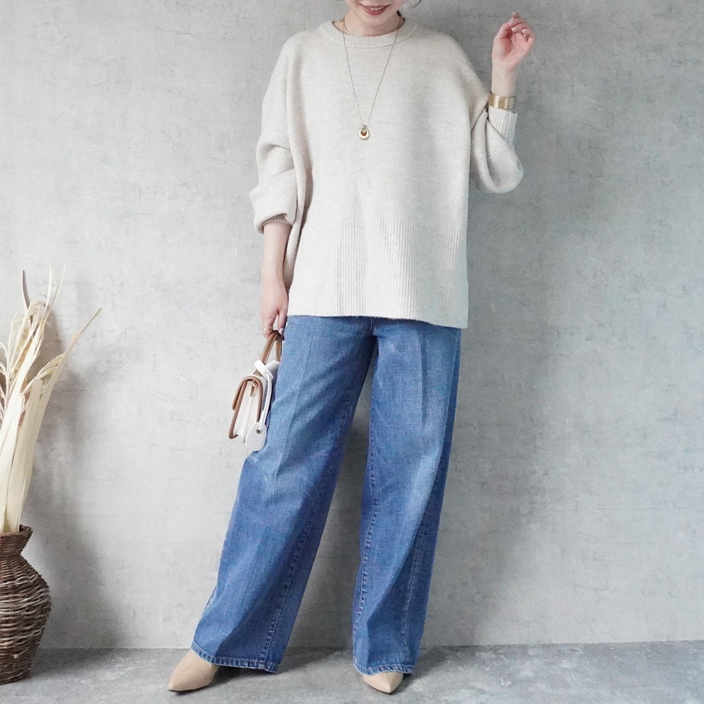 裾リブスリット入り天竺編みニット