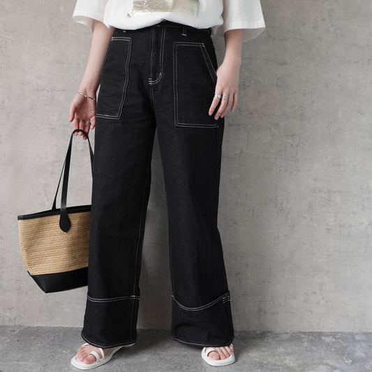 【新色登場】配色ステッチワイドデニムパンツ