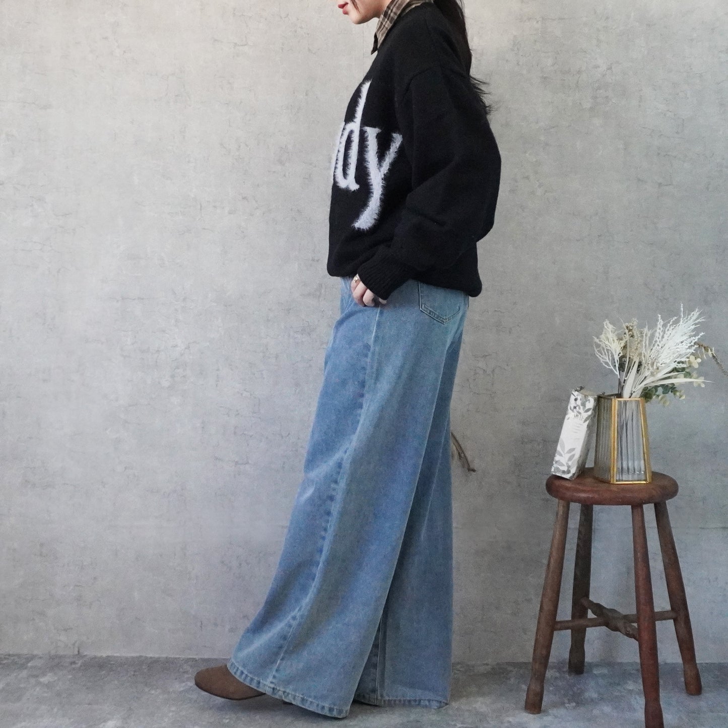 ハイウエストデニムタックワイドパンツ