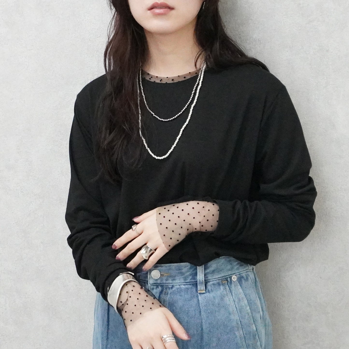 袖シアードット異素材プルオーバー