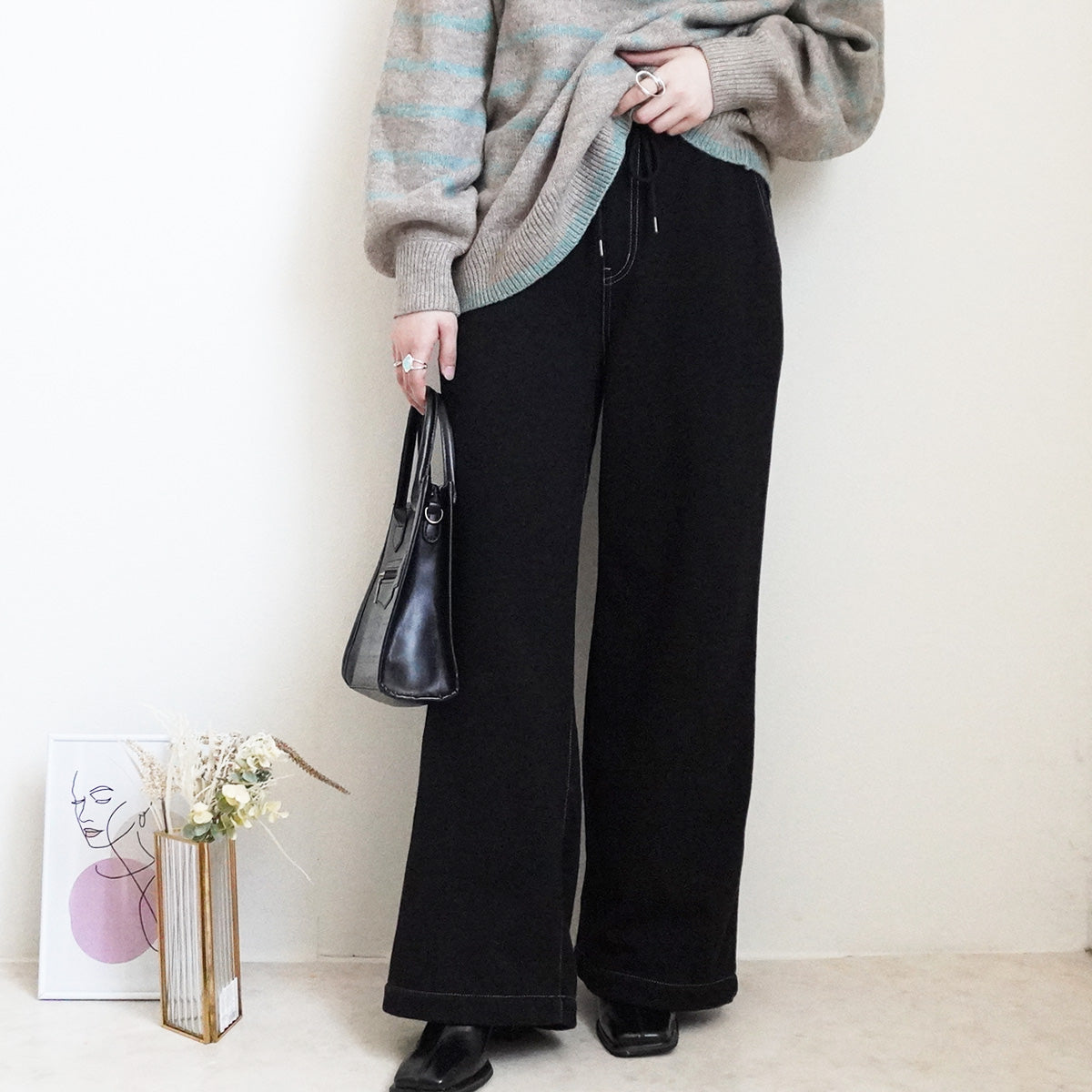 裏シャギーニットデニムワイドパンツ