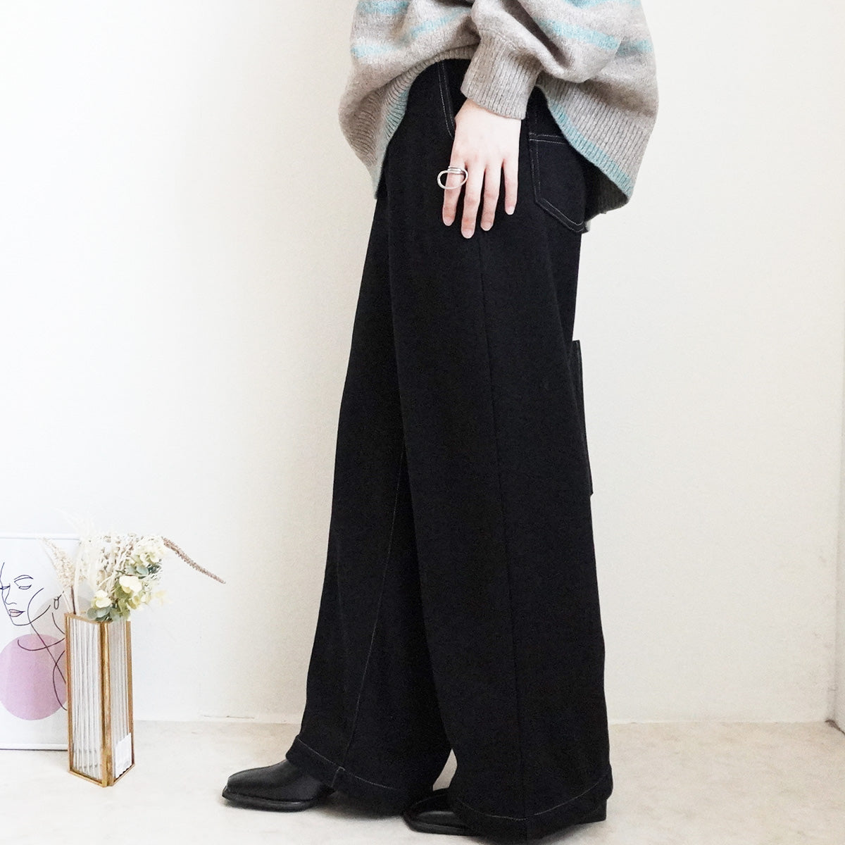 裏シャギーニットデニムワイドパンツ