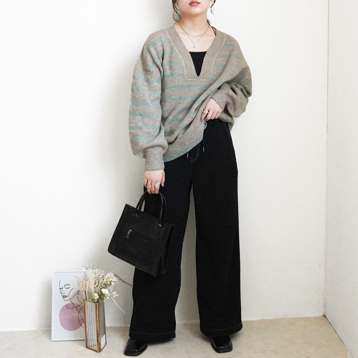 裏シャギーニットデニムワイドパンツ