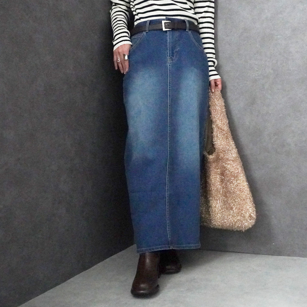 裏起毛デニムロングスカート