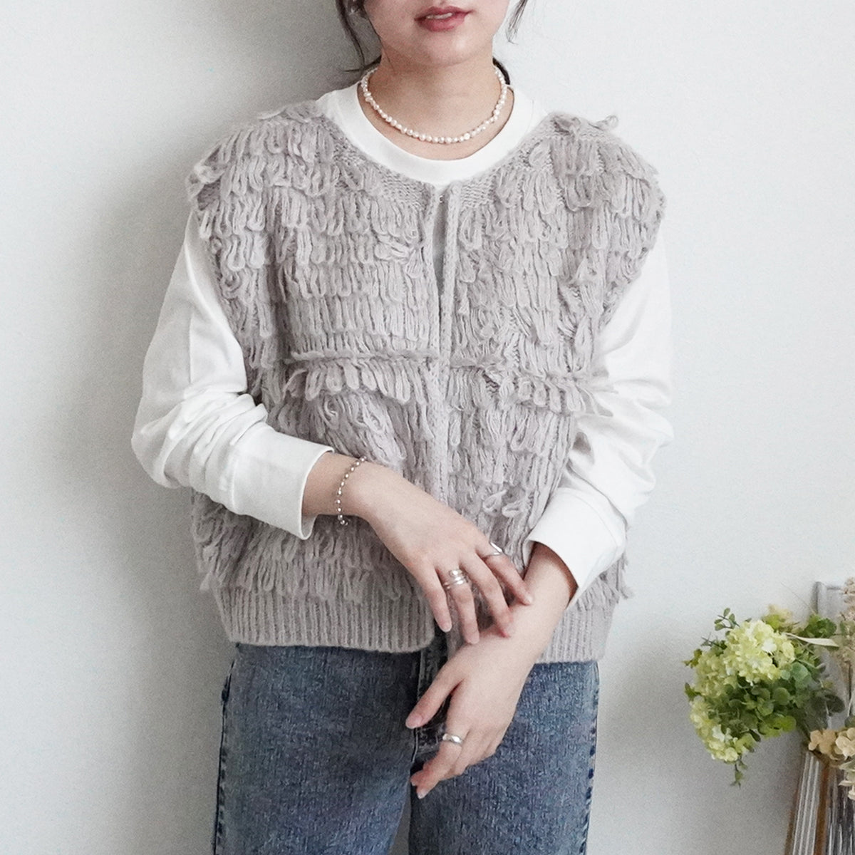 人気！ループ編みフリンジベスト ニットベスト【予約】