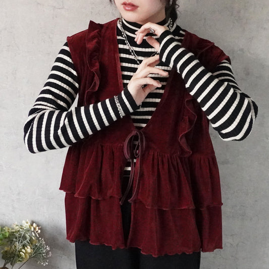 前リボンフリルベロアベスト