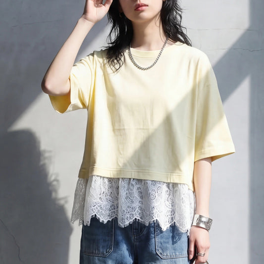 天竺裾レース異素材Tシャツ【一部予約】