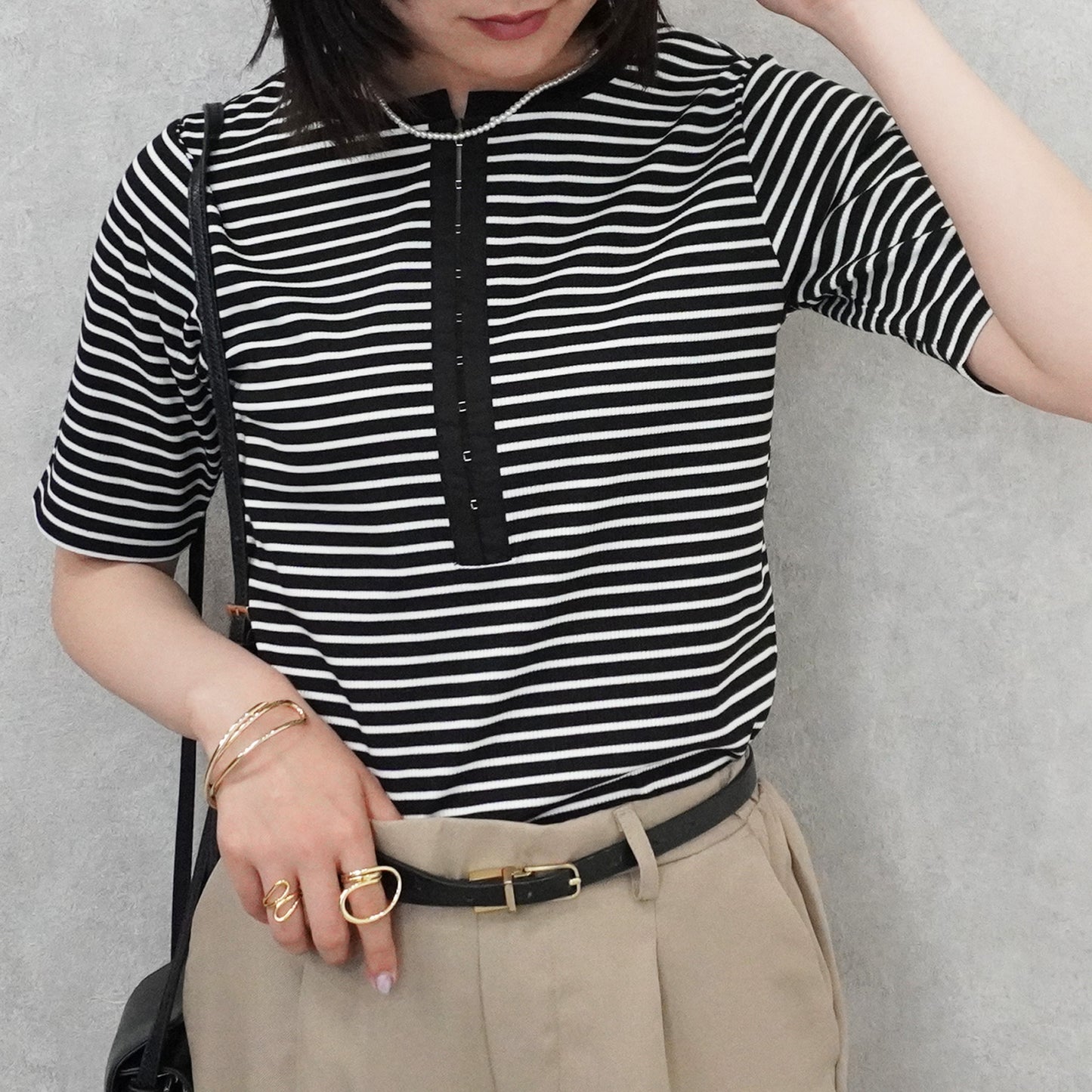 配色ヘンリーネックテレコリブTシャツ