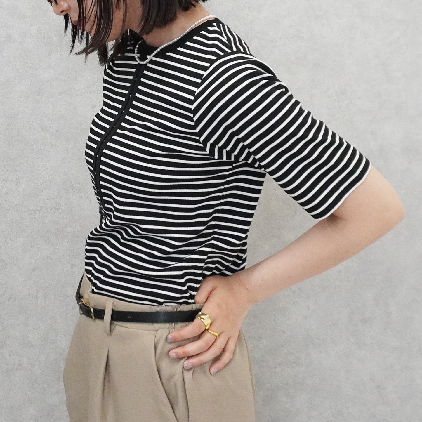 配色ヘンリーネックテレコリブTシャツ