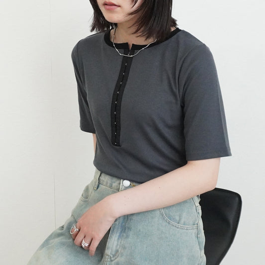 配色ヘンリーネックテレコリブTシャツ
