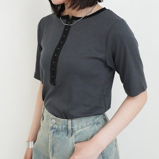 配色ヘンリーネックテレコリブTシャツ