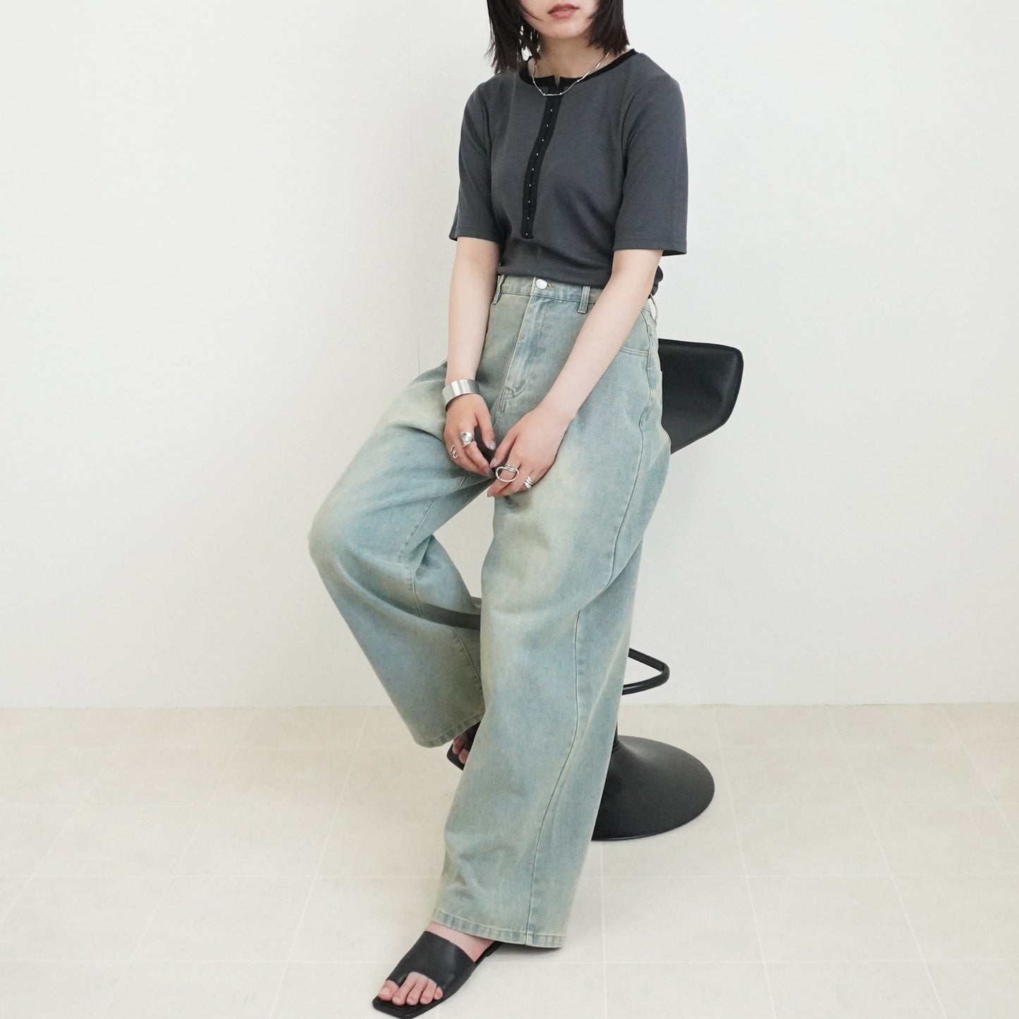 配色ヘンリーネックテレコリブTシャツ