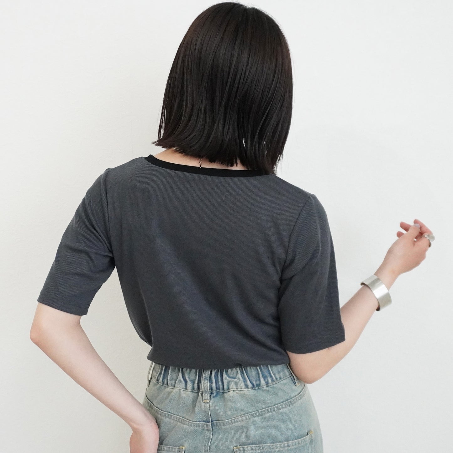 配色ヘンリーネックテレコリブTシャツ